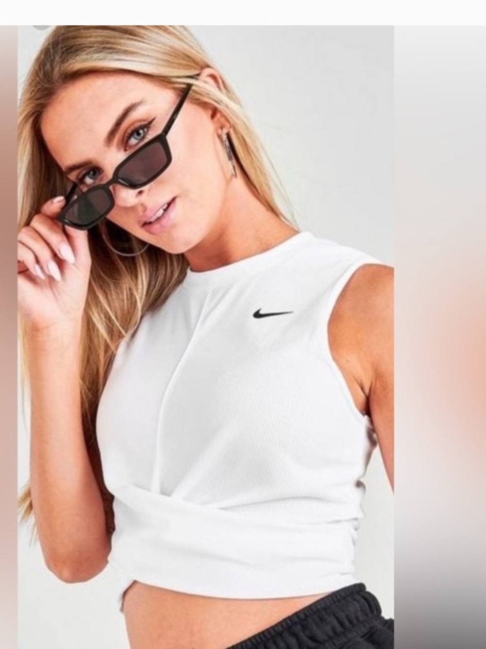 Nike White Ribbed Sleeveless Crop Tank with Black Swoosh